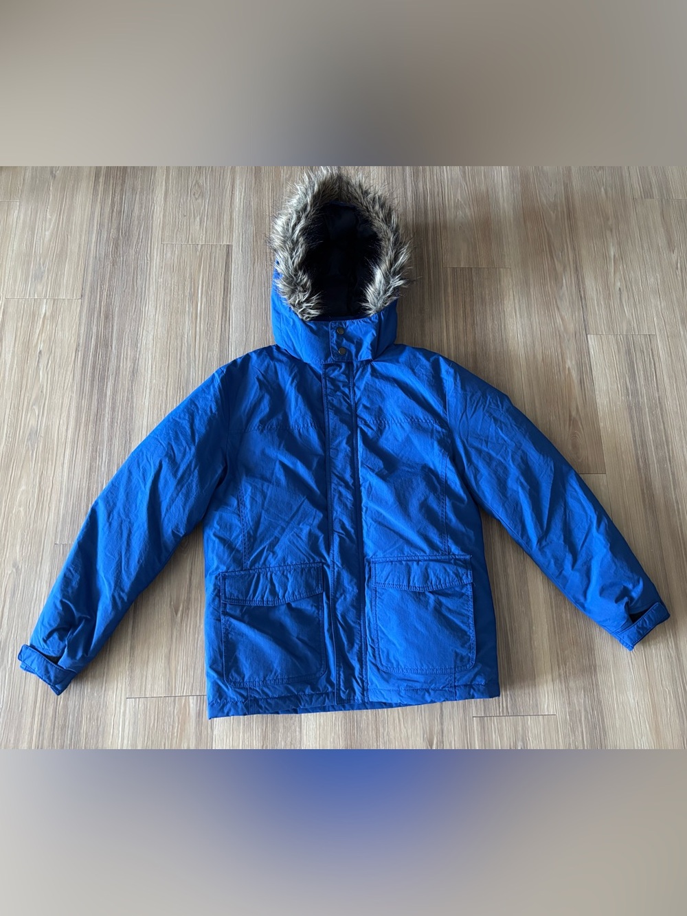 Y2K American Rag Parka Coat Blue Hooded Faux Fur Trim Nylon Womens S Outdoor Ski